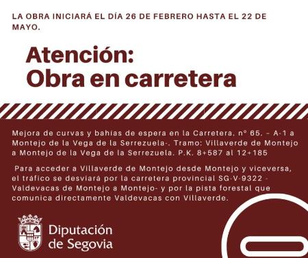 Imagen Las obras de mejora en la SG-V-9321 entre Villaverde de Montejo y Montejo de la Vega de la Serrezuela obligan a cortar el tráfico desde este jueves hasta el 22 de mayo